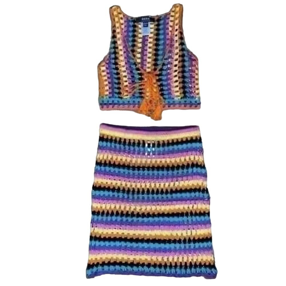 Bebop Womens Crochet 2 Piece Set Striped‎ Tie Front Vest and Mini Skirt Multi L